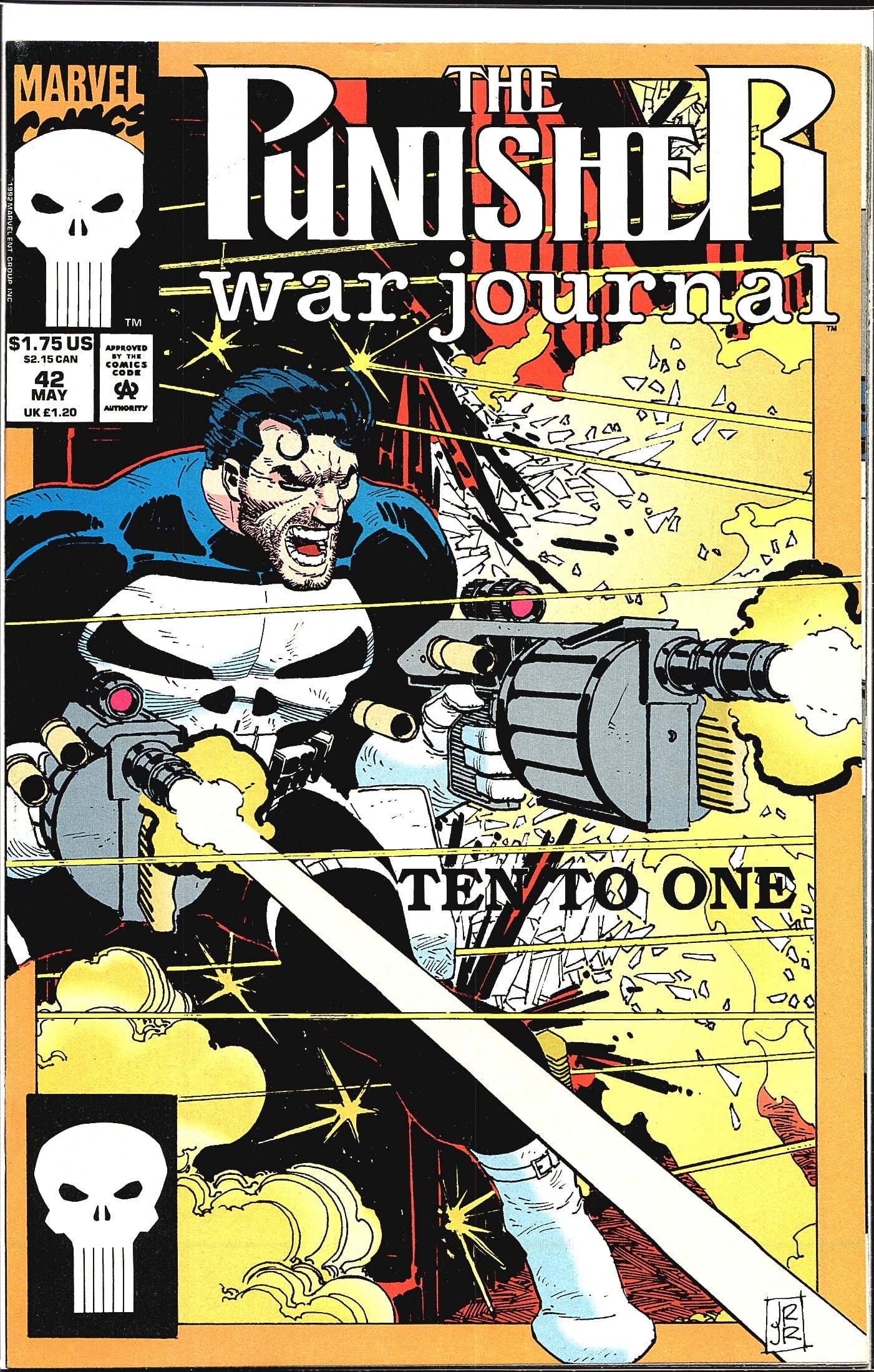 1992 Marvel The Punisher War Journal #42 Comic: The Punisher War Journal #42, published by Marvel Comics, cover dated May 1992 and priced at $1.75 US / $2.15 CAN / 1.20 UK. The issue is titled 'Ten to One' as printed on the cover. The dynamic
