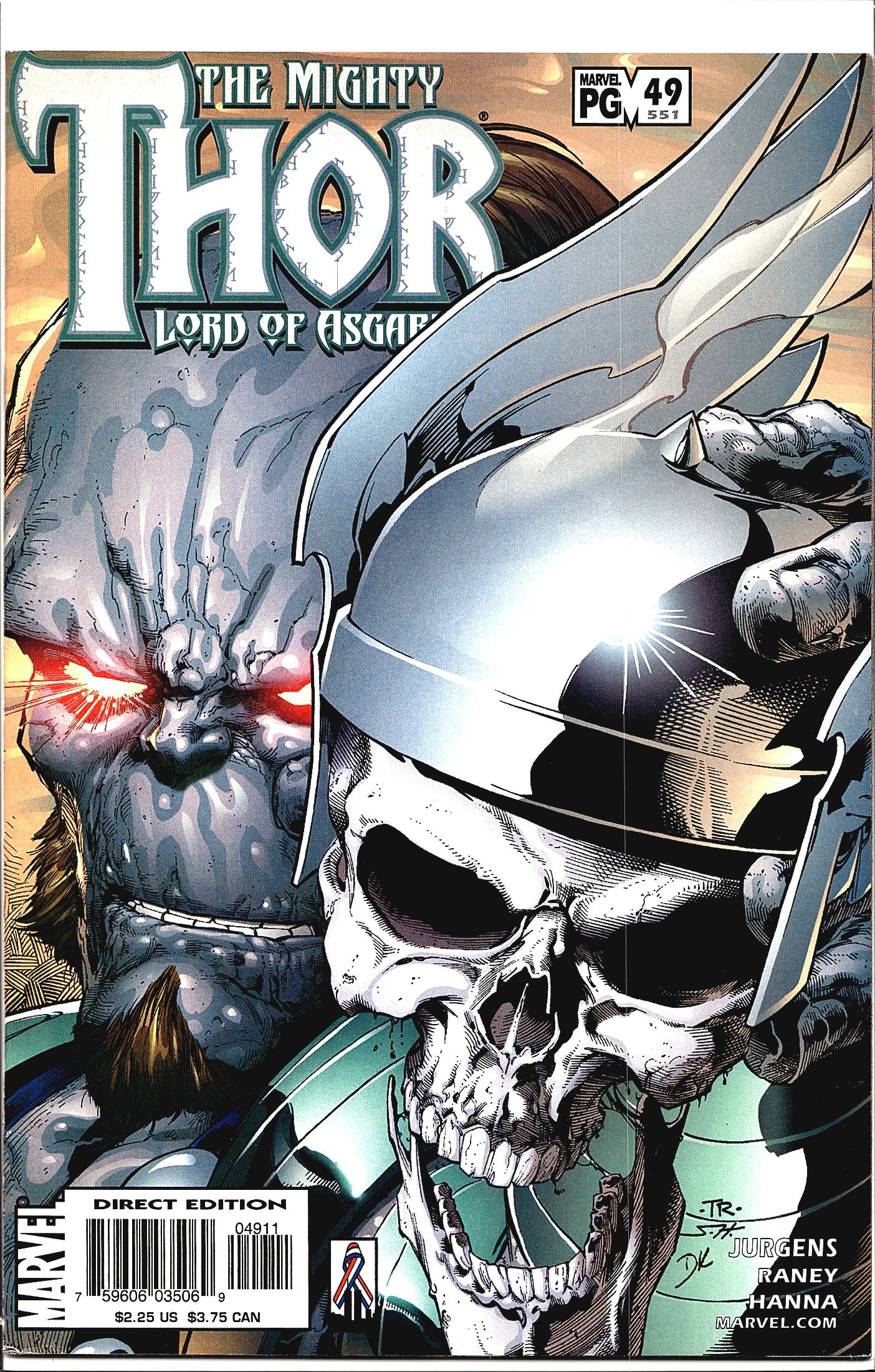 2002 Marvel Thor Vol. 2 #49 Comic Book: The Mighty Thor: Lord of Asgard #49 (issue #551 legacy numbering) published by Marvel Comics. This direct edition issue features cover art by Tom Raney with credits to writer Dan Jurgens, penciler