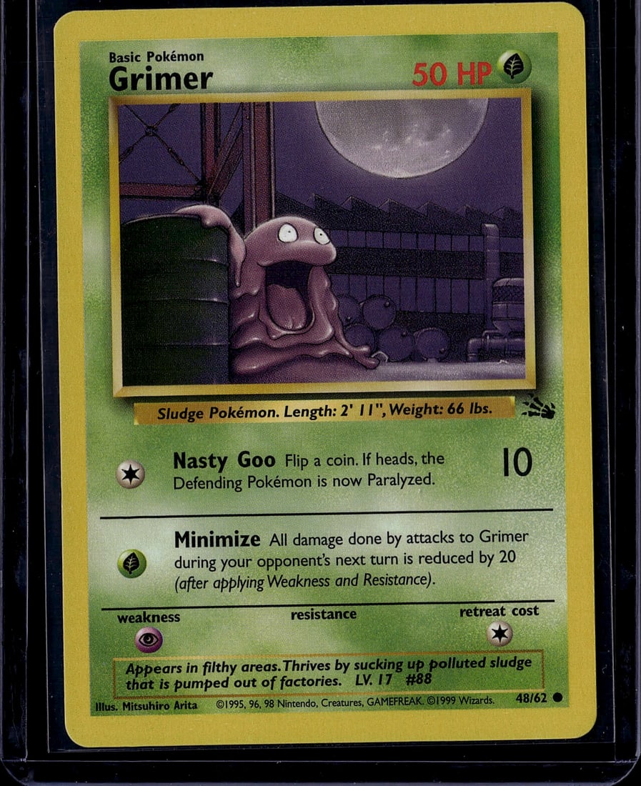 1999 Pokemon Base Set Grimer #48/62 Card: This is an original 1999 Pokemon Trading Card Game Base Set Grimer card (#48/62), featuring the iconic Sludge Pokemon illustrated by Mitsuhiro Arita. Grimer is a Basic Grass-type Pokemon with 50 HP,