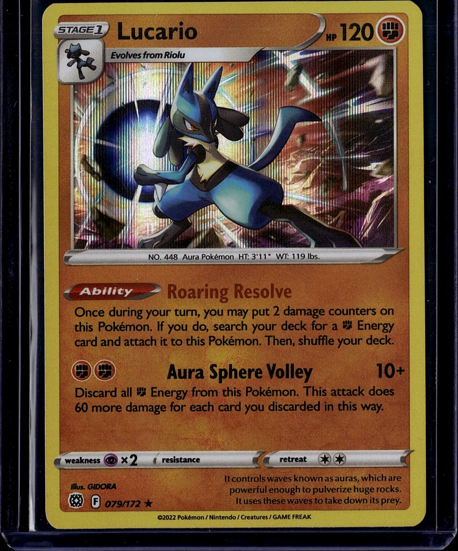 2022 Pokemon Lucario 079/172 Stage 1 Aura: This is a 2022 Pokemon Trading Card featuring Lucario, the Stage 1 Aura Pokemon (No. 448). The card displays stunning full-art imagery with holographic foil elements characteristic of modern Pokemon