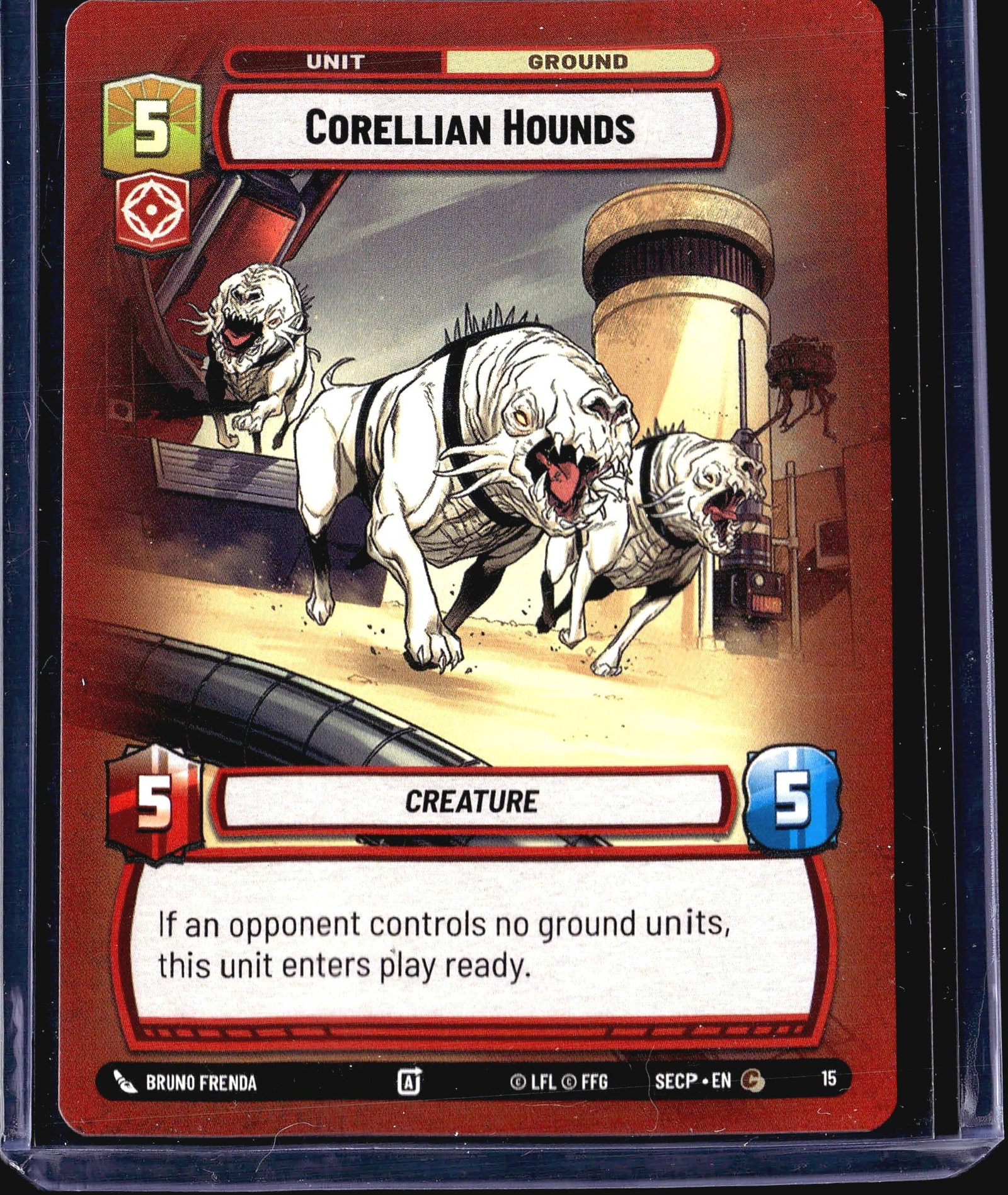 2023 Fantasy Flight Games Spark of Rebellion #15: This listing is for the Corellian Hounds card (#15) from the Star Wars Unlimited trading card game, set code SECP (Spark of Rebellion). It is a Ground Unit card with a cost of 5, featuring 5 attack