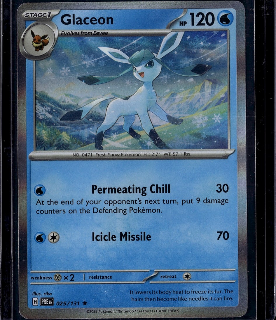 Glaceon 025/131 Pokemon Card Stage 1 Water Type: This is a raw Glaceon Pokemon trading card from the Scarlet & Violet set, card number 025/131. Glaceon is a Stage 1 Water-type Pokemon that evolves from Eevee, featuring 120 HP. The card showcases