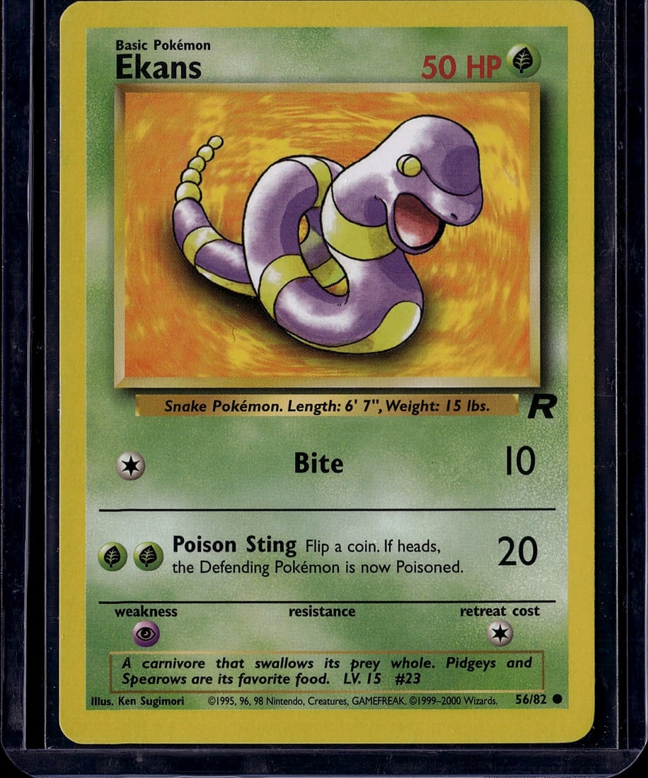 Ekans Base Set 56/82 Pokemon Card 1999 - Vintage: This is a vintage Ekans Pokemon card from the iconic Base Set, released in 1999-2000 by The Pokemon Company and illustrated by Ken Sugimori. Card #56/82, this Basic Grass-type Snake Pokemon features