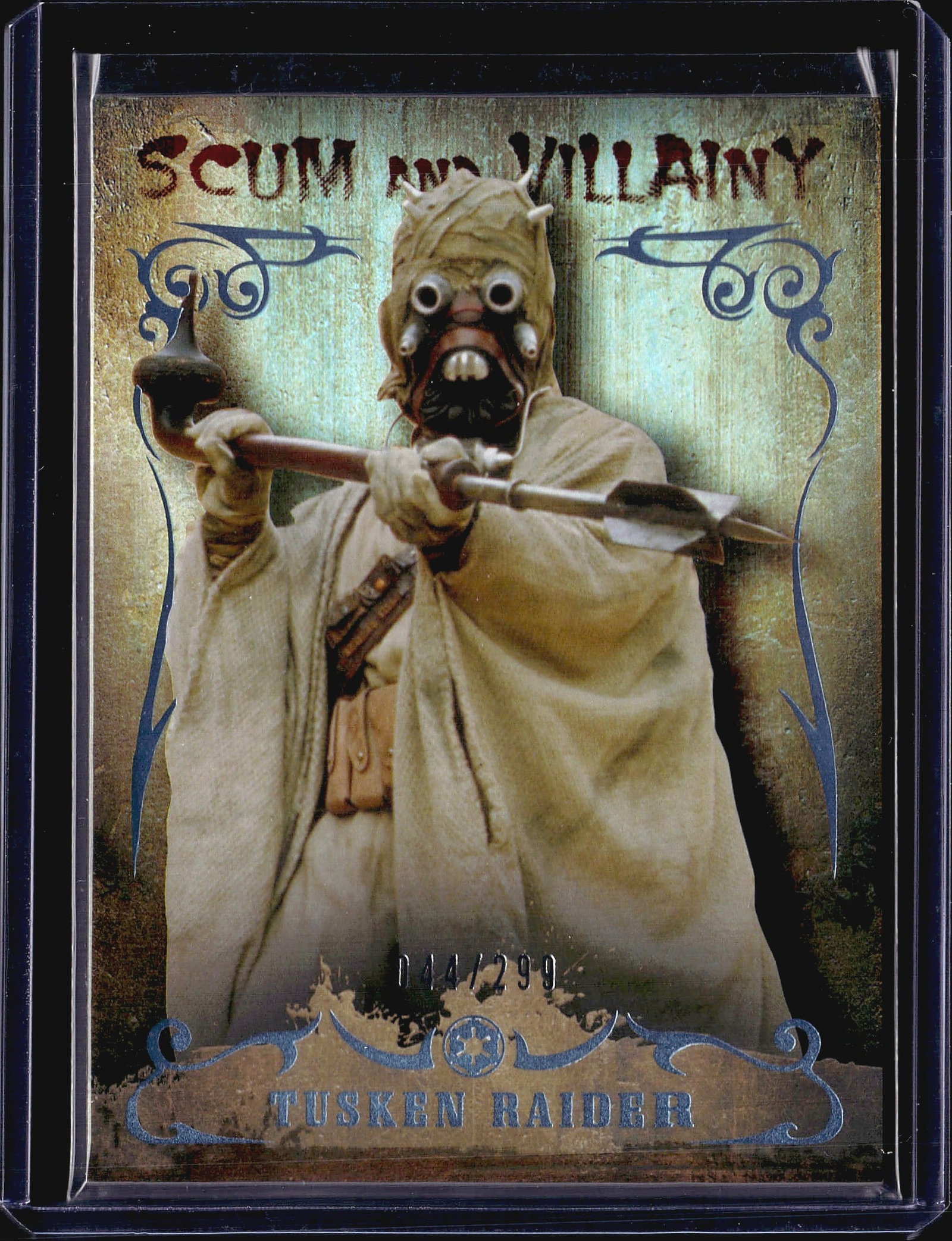 2015 Topps Star Wars Masterwork Scum Villainy: This is card #SV-10 from the Topps Star Wars Masterwork trading card set, part of the Scum and Villainy insert series. The card features the Tusken Raider - also known as Sand People - the nomadic