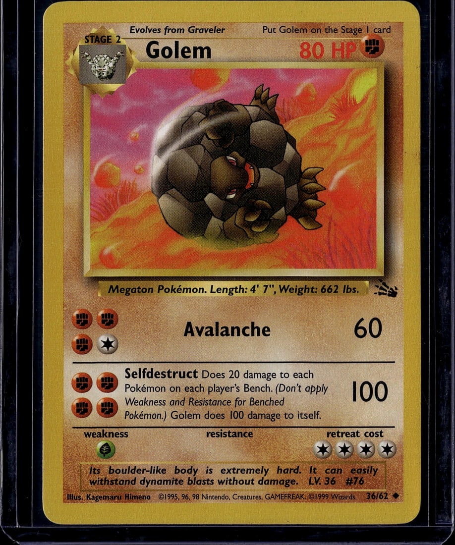 1999 Pokemon Base Set Golem #36/62 Stage 2 Card: This is a 1999 Pokemon Trading Card Game Base Set Golem card (#36/62), a Stage 2 Evolution card that evolves from Graveler. Golem features 80 HP and displays iconic artwork by Kagemaru Himeno showing