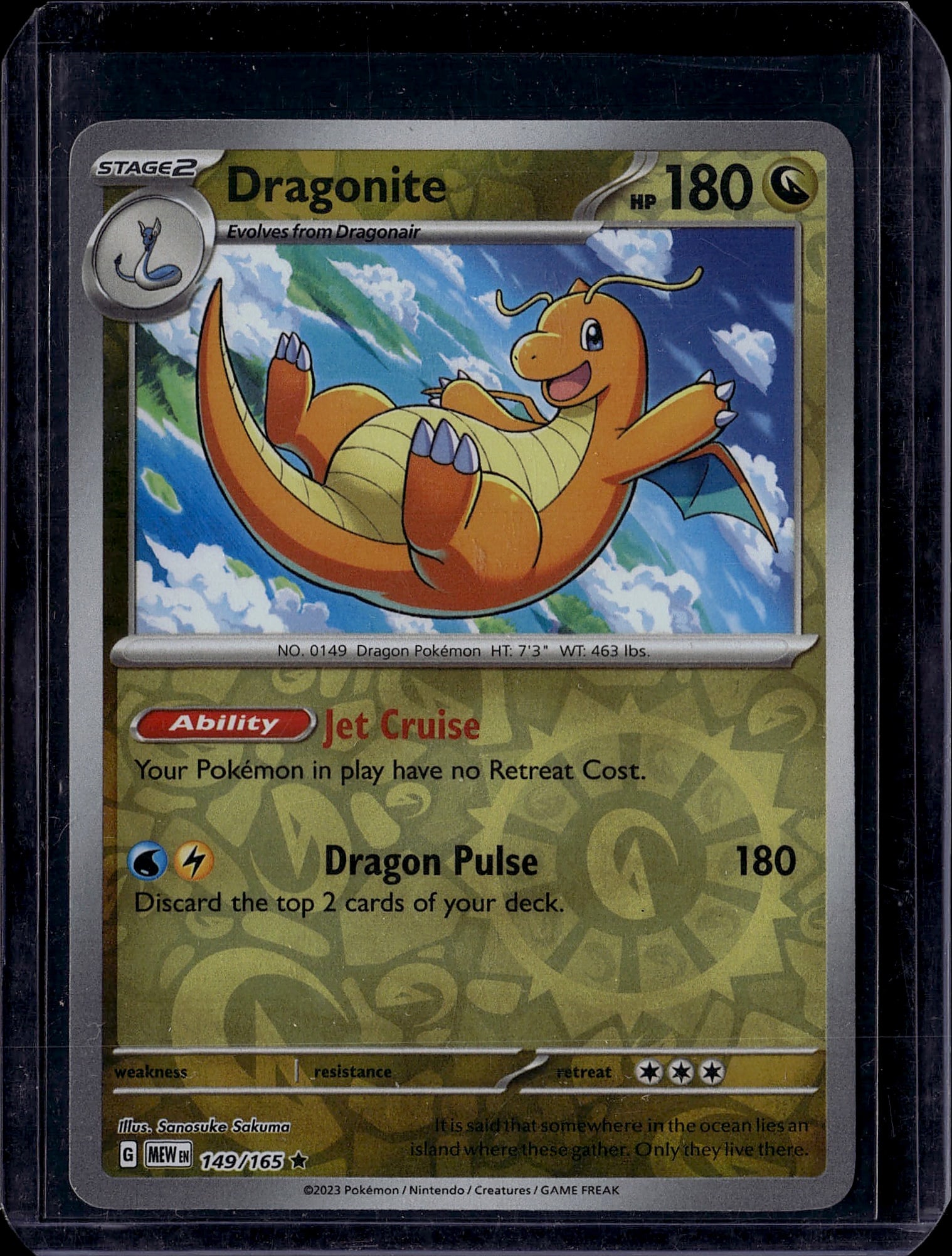 Dragonite 149/165 Scarlet & Violet Pokemon Card: This is a raw Dragonite Pokemon trading card from the Scarlet & Violet set, card number 149/165. Dragonite is a Stage 2 Dragon-type Pokemon with 180 HP that evolves from Dragonair. The card features