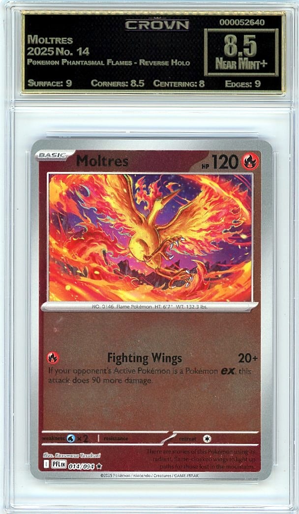 2025 Moltres Pokemon Phantasmal Flames - Reverse: This 2025 Moltres Pokemon Phantasmal Flames Reverse Holo card in Crown Grade 8.50 is a premium collectible from one of the year's most sought-after Pokemon TCG releases. The Phantasmal Flames set