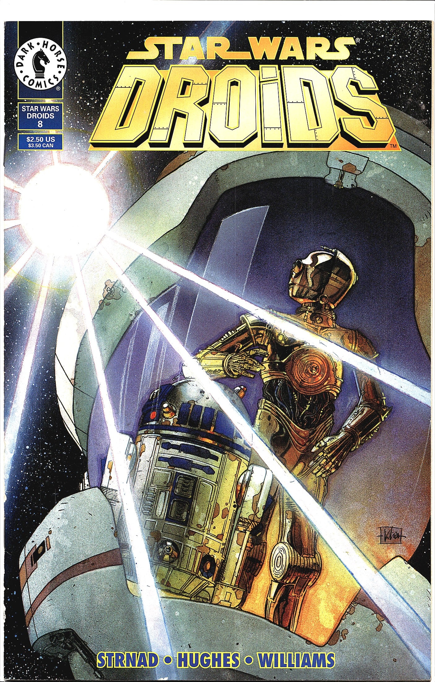 Star Wars Droids 1995 Dark Horse Comics #8 Comic: Star Wars: Droids #8 published by Dark Horse Comics, featuring the iconic duo R2-D2 and C-3PO on the cover in a dramatic space scene with bright light beams cutting across the composition. Written by 