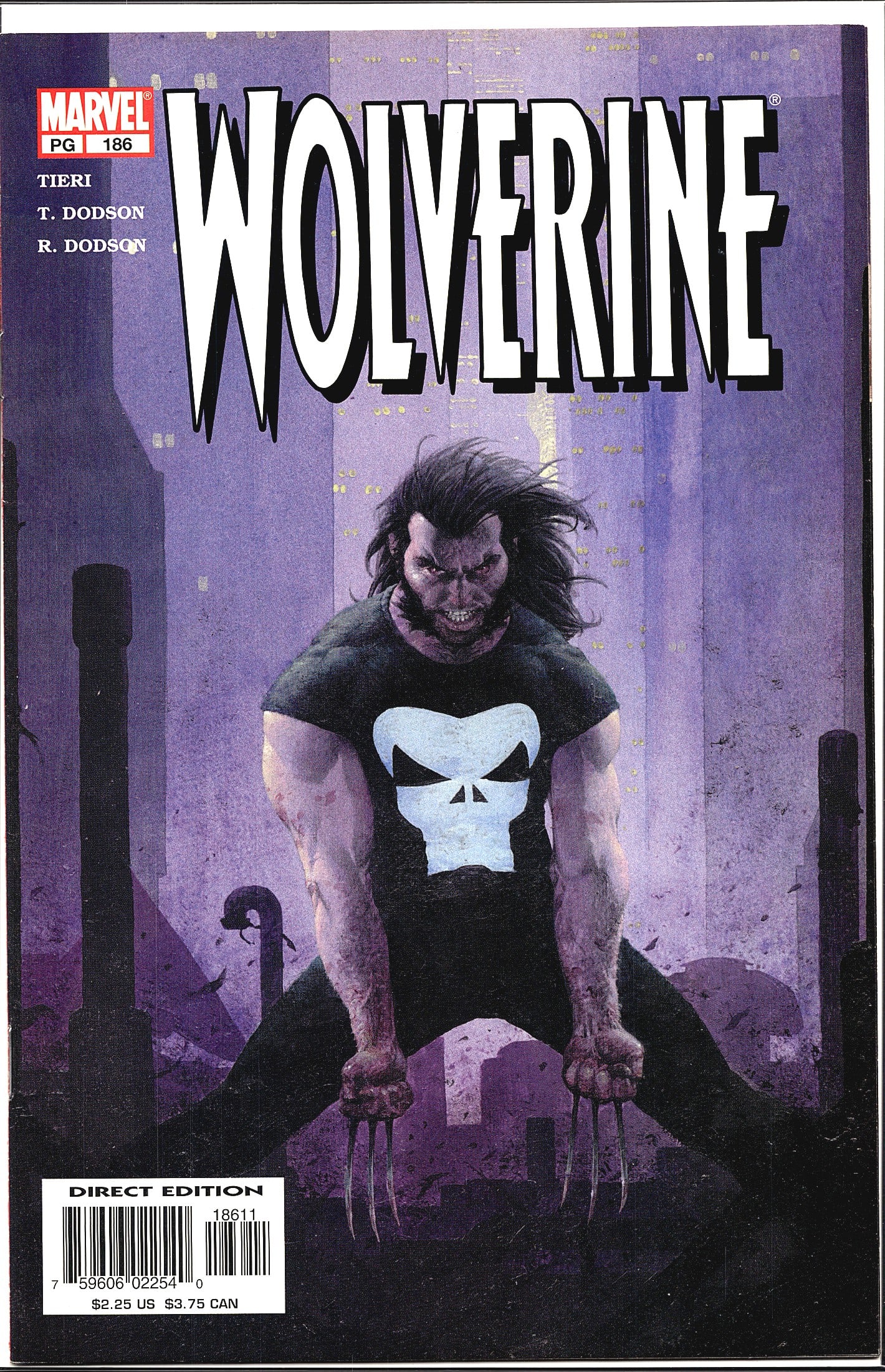 2005 Marvel Wolverine #186 Comic Book Collectible: This is Wolverine #186, a Direct Edition comic published by Marvel Comics. The creative team listed on the cover includes writer Frank Tieri and artists Terry Dodson and Rachel Dodson. The cover art d
