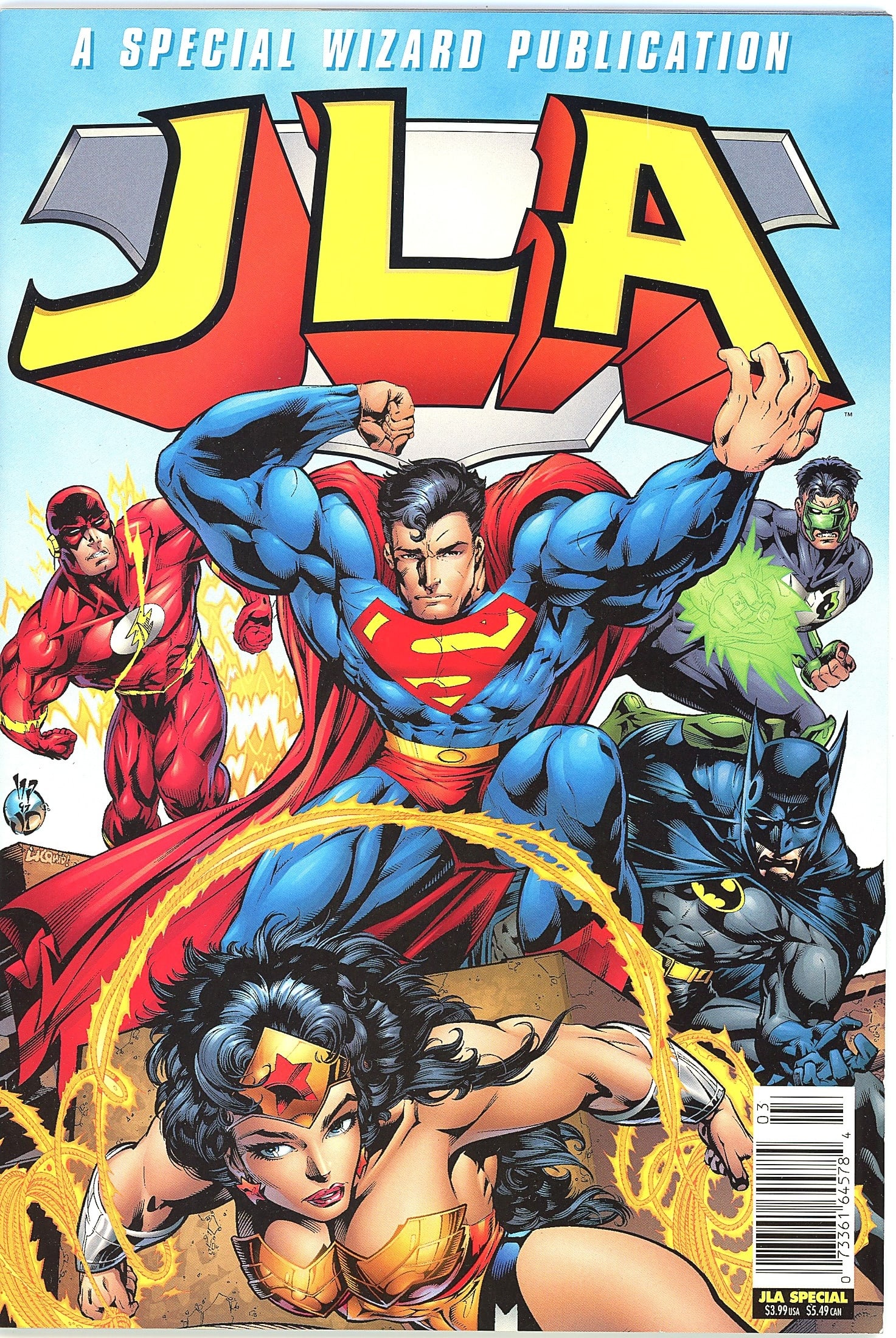 1997 Wizard Press JLA Special #1 Comic Book: This is the JLA Special, a special Wizard publication featuring DC Comics' Justice League of America. The cover art prominently displays Superman in his iconic blue and red costume, Wonder Woman with 