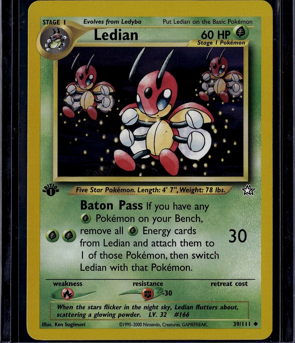 Ledian Neo Genesis 39/111 Stage 1 Pokemon Card: This is a raw Neo Genesis Ledian Pokemon card from 2000, card number 39/111. Ledian is a Stage 1 Bug-type Pokemon that evolves from Ledyba, featuring 60 HP and the distinctive Baton Pass attack that