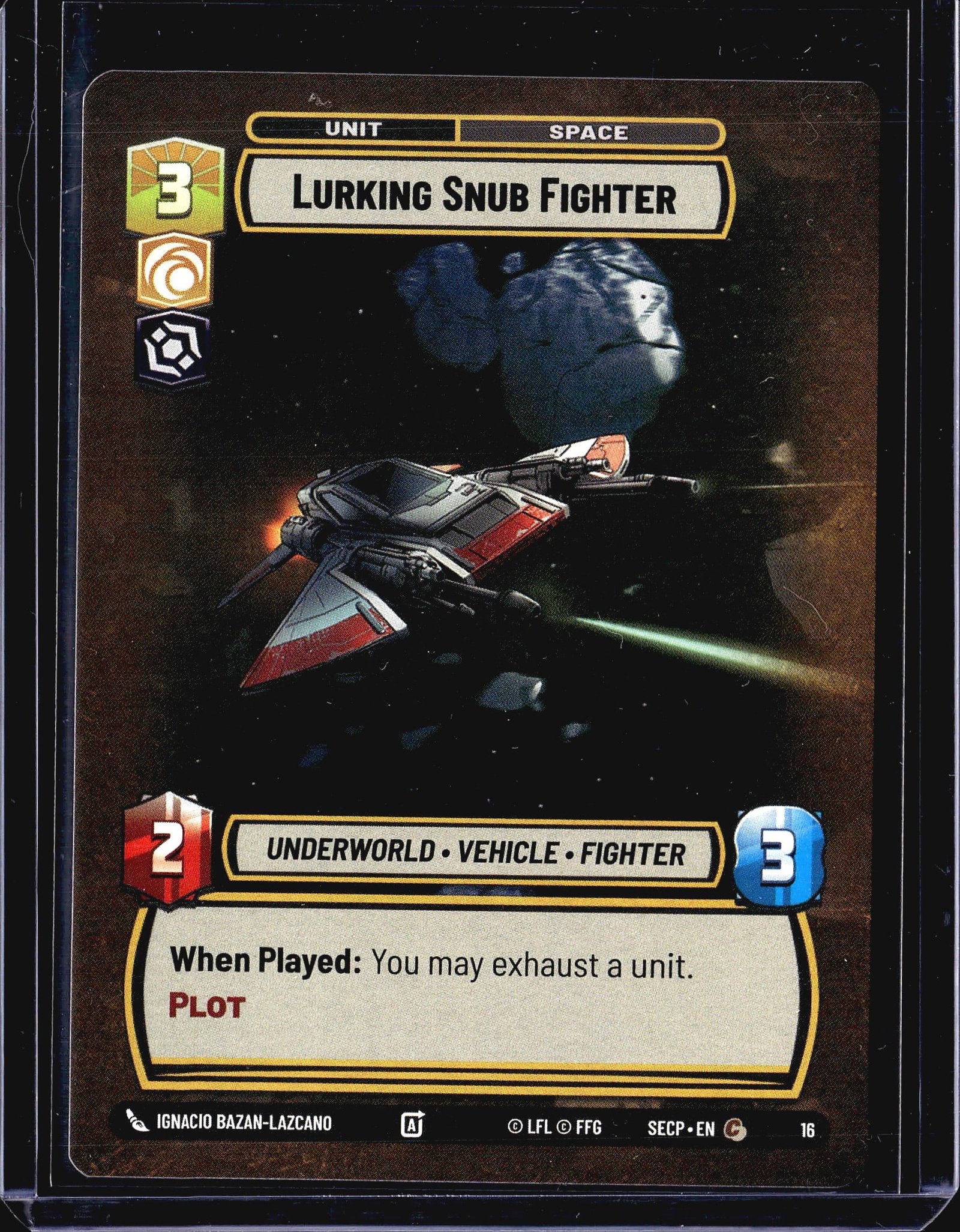 2024 Fantasy Flight Games Secrets of Power #189: This listing is for a single copy of Lurking Snub Fighter, card #16 from the Star Wars Unlimited trading card game set Shadows of the Galaxy (set code SECP). It is a Unit - Space type card with a