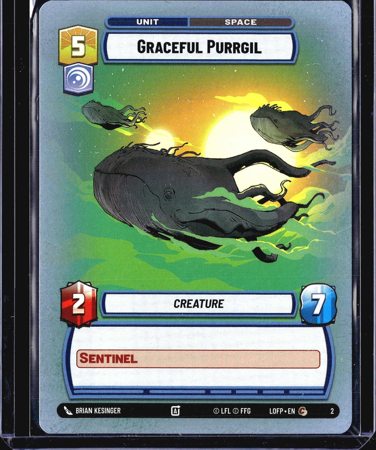 2024 Fantasy Flight Games Legends of the Force: This listing is for the Graceful Purrgil (#2) from the Star Wars Unlimited trading card game set Legends of the Force (LOFP). The card is a Unit type with the Space arena designation, carrying a cost