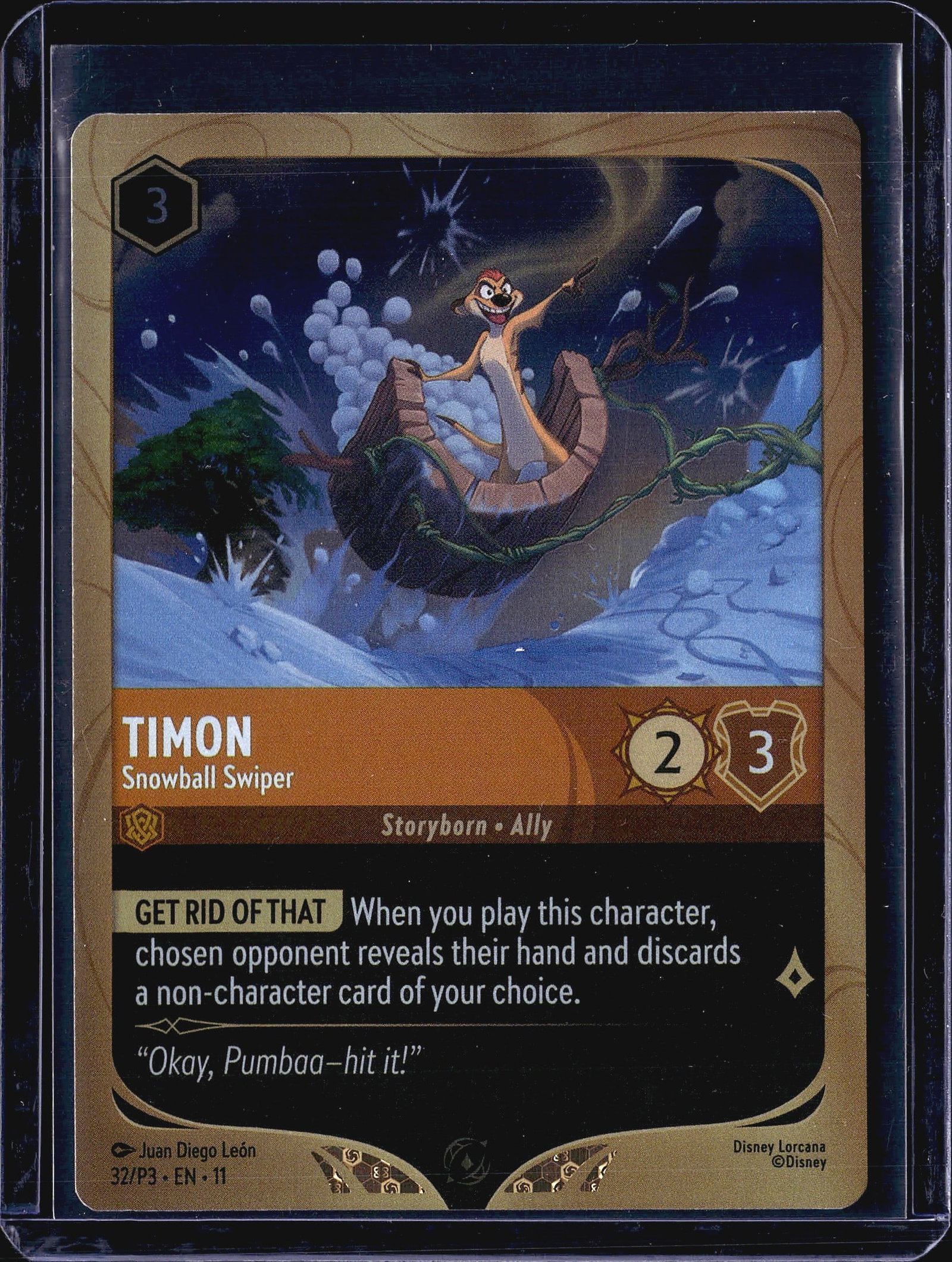 2024 Disney Lorcana Winterspell Timon 32/P3 Foil: This listing features Timon - Snowball Swiper (32/P3), a Promo card from the Disney Lorcana trading card game, set within the Into the Inklands expansion (EN 11). The card bears a cost of 3 ink, with