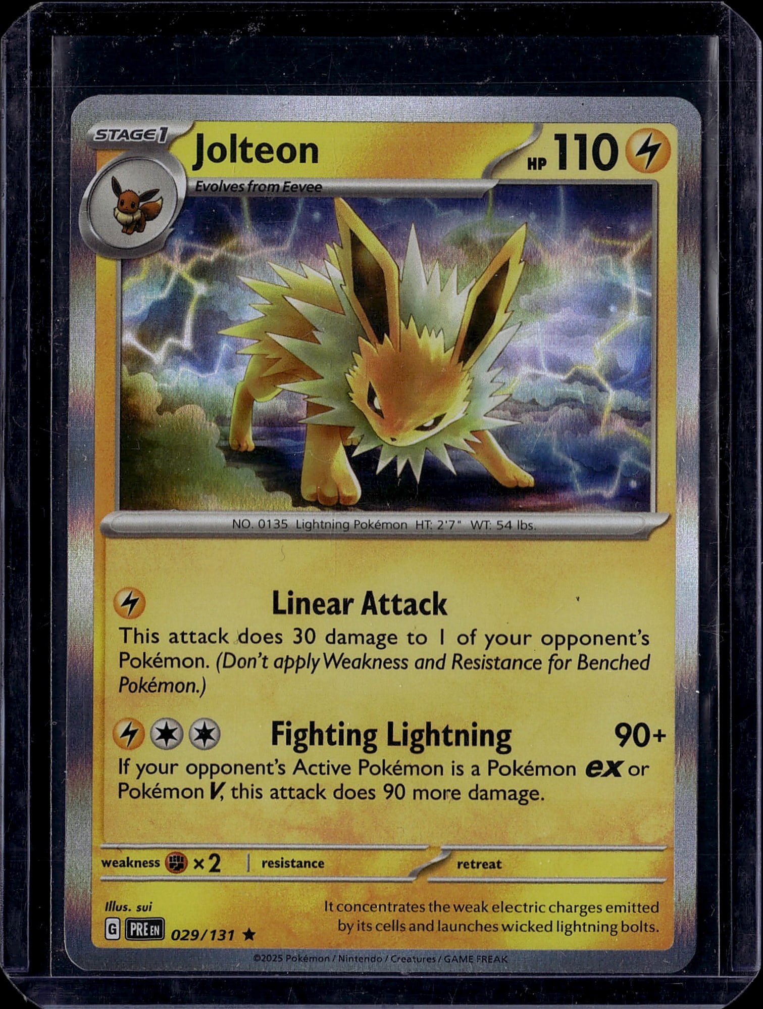 Jolteon 029/131 Pokemon Scarlet & Violet: This is a raw Jolteon Pokemon trading card from the Scarlet & Violet set, card number 029/131. Jolteon is a Stage 1 Lightning-type Pokemon that evolves from Eevee with 110 HP. The card features