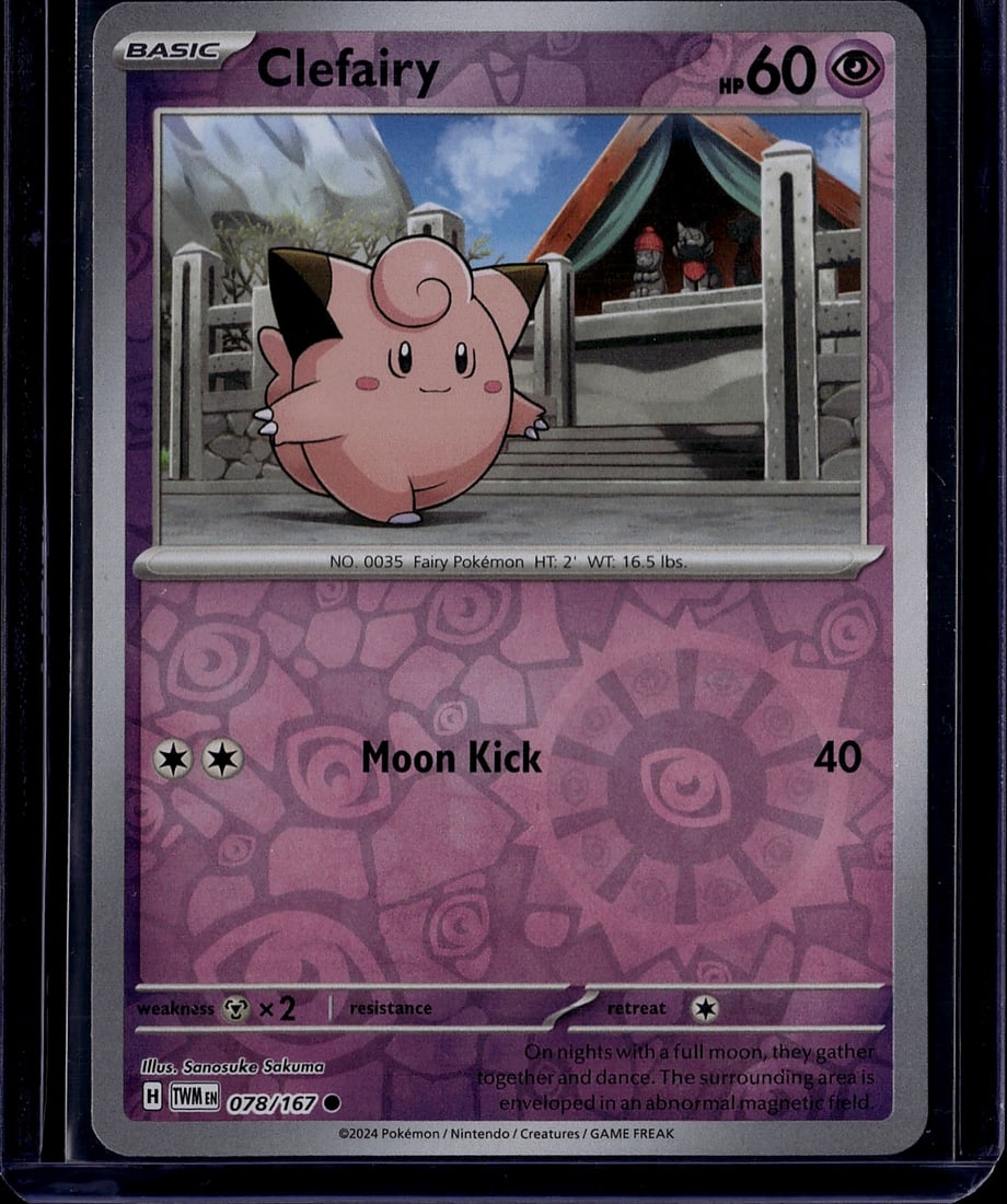 2024 Pokemon Clefairy 078/167 Scarlet Violet: This is an authentic 2024 Pokemon Trading Card Game card featuring Clefairy, card number 078/167 from the Scarlet & Violet set. Clefairy is depicted in its classic pink form with the distinctive spira