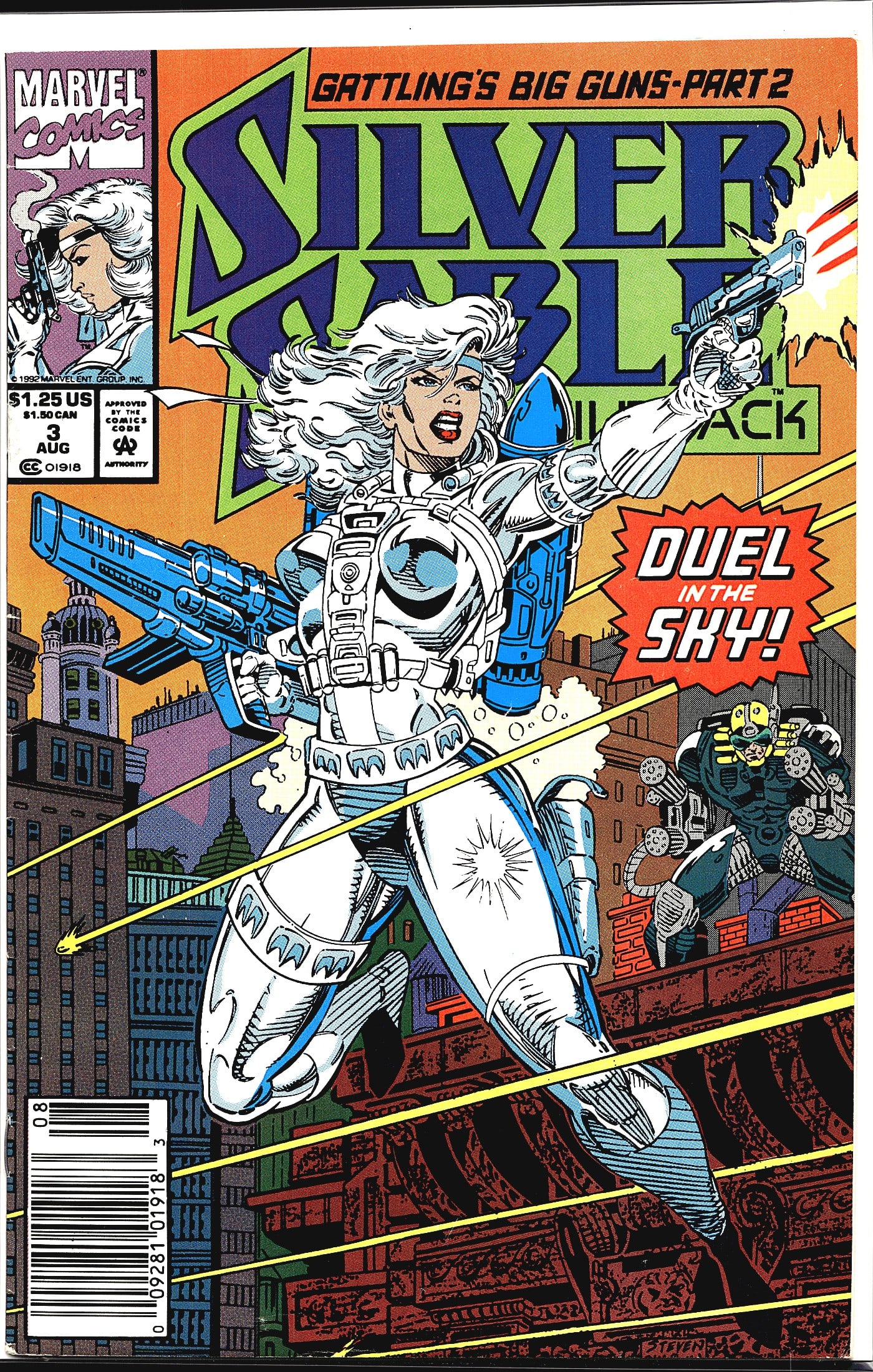 1992 Marvel Comics Silver Sable and the Wild: Silver Sable and the Wild Pack #3, published by Marvel Comics in August 1992. This issue is part 2 of the 'Gattling's Big Guns' storyline and features the story arc 'Duel in the Sky!' The cover