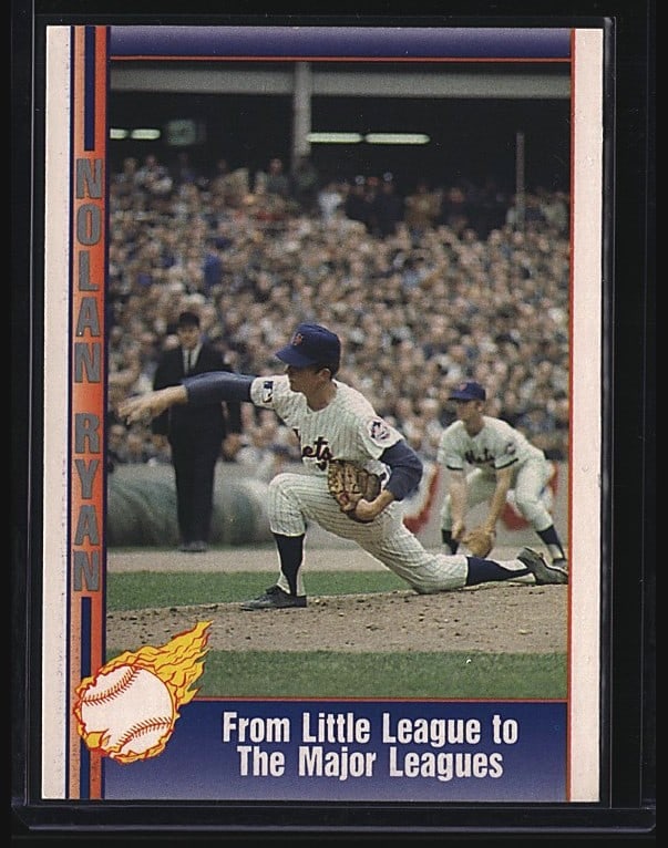 1991 Pacific Trading Cards No-Hitter Nolan Ryan: 1991 Pacific Trading Cards #2 Nolan Ryan baseball card featuring the Hall of Fame pitcher in a fielding pose. This raw single showcases Ryan's legendary career transition from Little League to the Maj