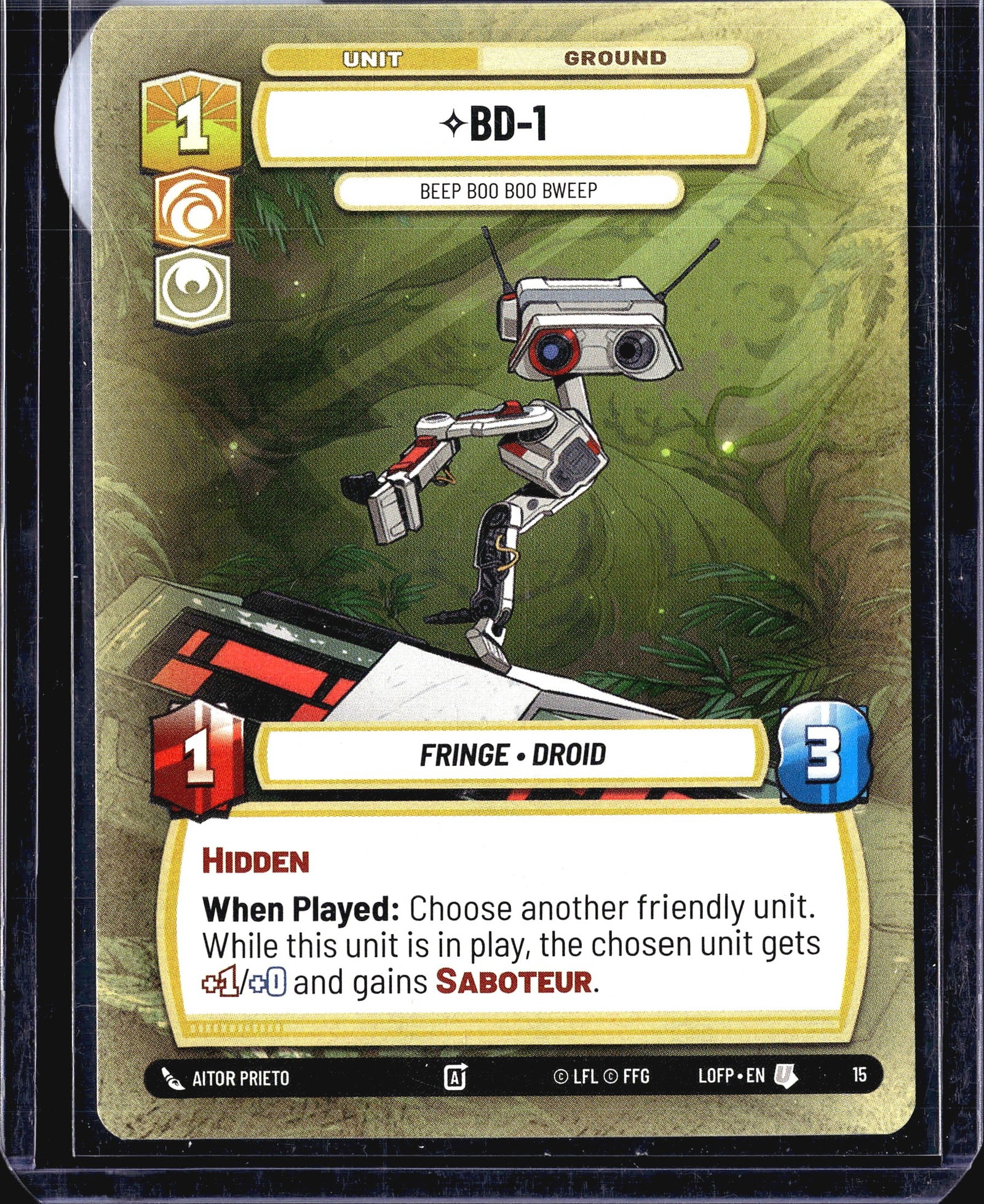 2024 Fantasy Flight Games Legends of the Force: This listing is for BD-1 (card #15) from the Star Wars Unlimited trading card game set Legends of the Force (LOFP), illustrated by Aitor Prieto. BD-1 is a Ground Unit card in the Fringe Droid category