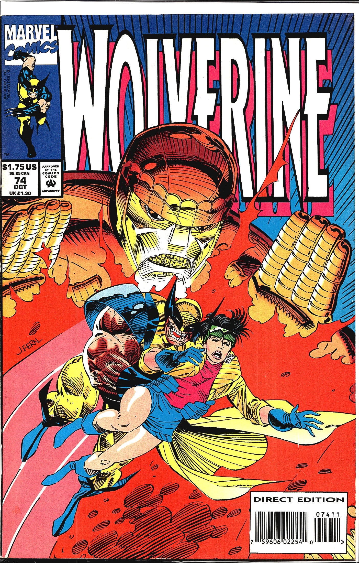 1993 Marvel Comics Wolverine #70 Comic Book: Wolverine #74 from Marvel Comics, published October 1993, Direct Edition. This issue features a dynamic cover illustrated by J. Fern, depicting Wolverine in his classic blue and yellow costume alongsi