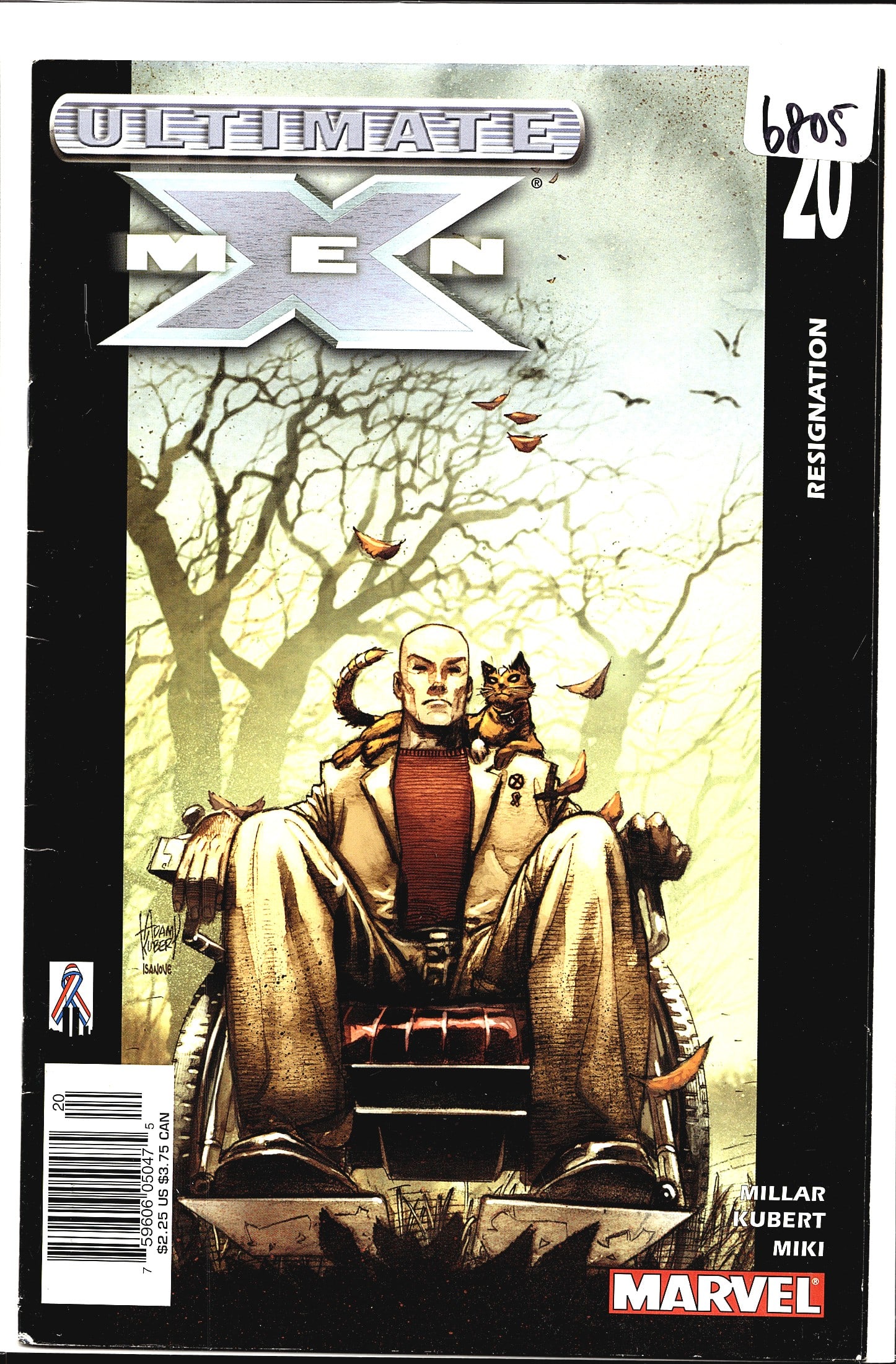 Ultimate X-Men #20 Marvel Comics 2002: Ultimate X-Men #20 published by Marvel Comics, titled 'Resignation.' Written by Mark Millar with art by Adam Kubert and inks by Miki. The cover features Professor X seated in his wheelchair with a cat