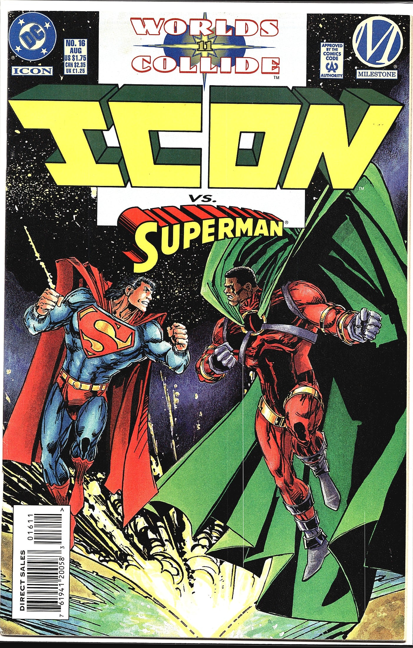 1994 DC Icon #16 Worlds Collide Direct Edition: Icon #16 from DC Comics and Milestone Media, published August 1994 and priced at $1.75 USD. This issue is part of the 'Worlds Collide' crossover event (chapter 11), which brought together the DC Unive