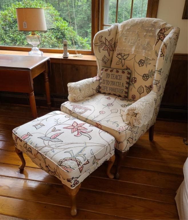 Floral Upholstered Wing Back Chair w/ Ottoman (1 of 6)