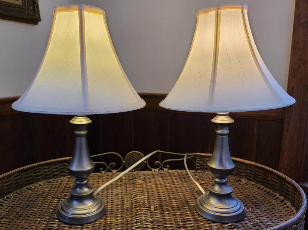 Pair of Pewter Table Lamps: Description: This lot includes a pair of pewter table lamps. Condition: Good working condition. Location: Lot is located on the first floor of the home, up one flight of stairs Shippable Item: No Meas