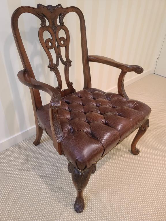 Antique Carved Walnut Tufted Leather Office Chair (1 of 9)