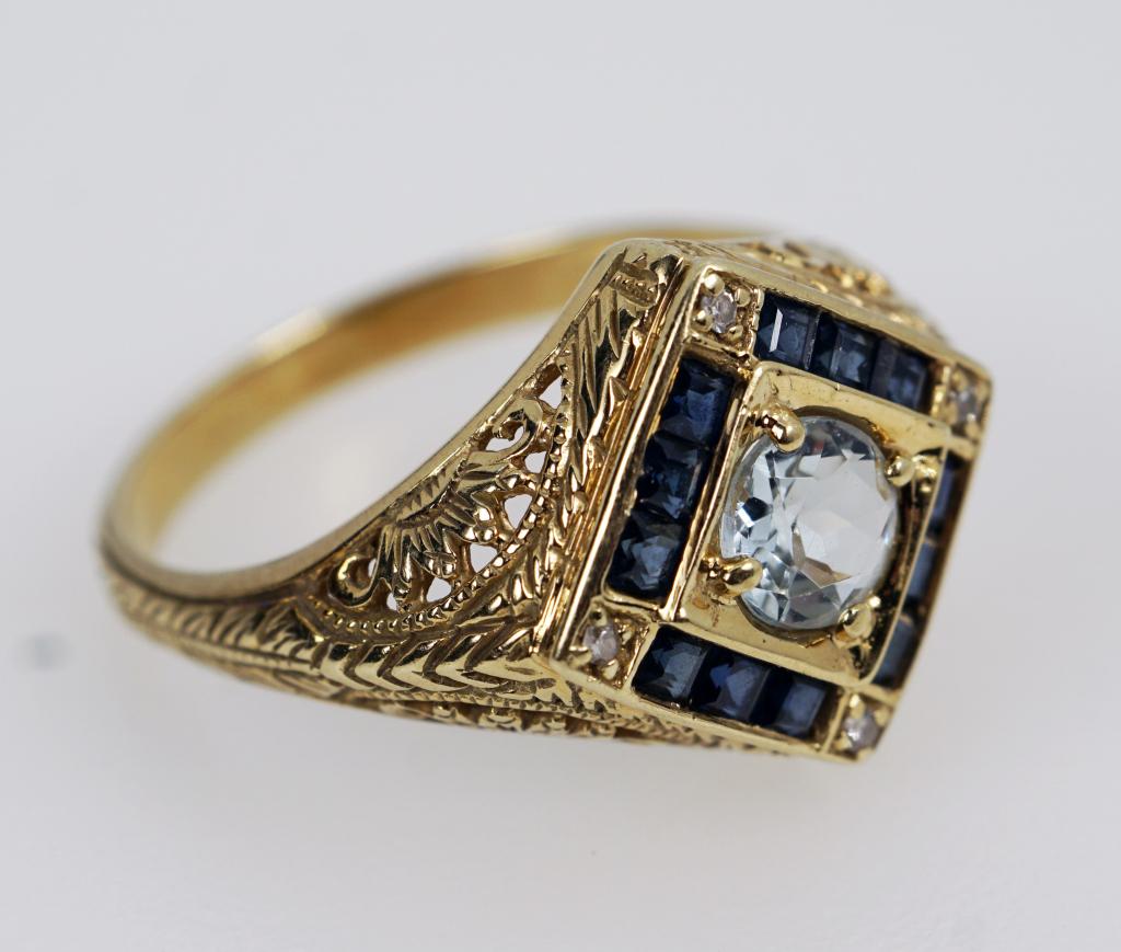 Antique Aquamarine & Sapphire 14K Yellow Gold Ring (1 of 7)