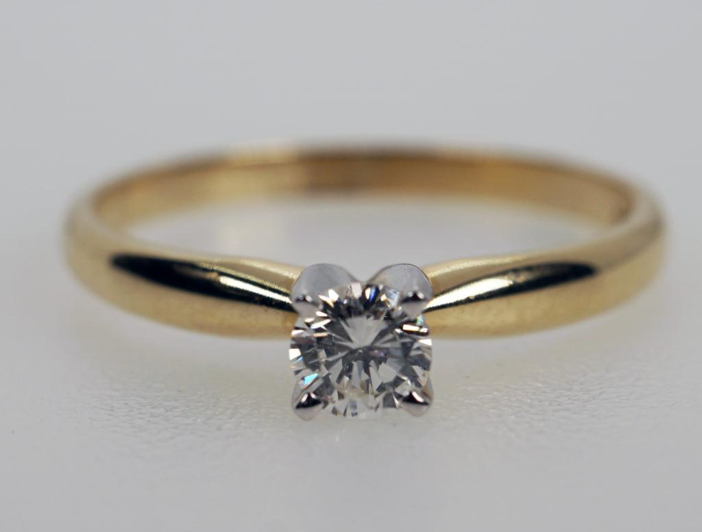 14K Yellow Gold .24 cts Solitaire Diamond Engagement: Description: This lot includes a 14K yellow gold engagement ring with a .24 cts diamond in the center. Lot includes a jewelers appraisal. Condition: Overall very good condition Size: 6.25 See Photos f