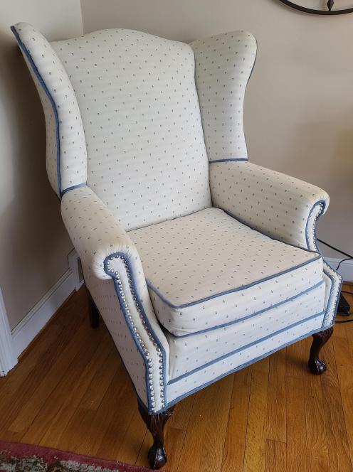 Upholstered Wing Back Chair: Description: This lot includes an upholstered wing back chair. Condition: Surface wear associated with age and use, otherwise in overall good condition. Shipping Information: This lot is NOT shippable