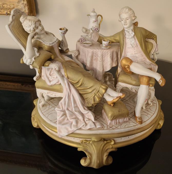 Signed Royal Dux Figure Group - "Couple at High Tea" (1 of 10)