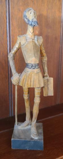 Vintage Ouro Artesania Don Quixote Wood Carving: Description: This lot includes a vintage wood carving of Don Quixote by Ouro Artesania. Carving is marked on the bottom. Condition: Minor surface wear associated with age and use, otherwise in overall