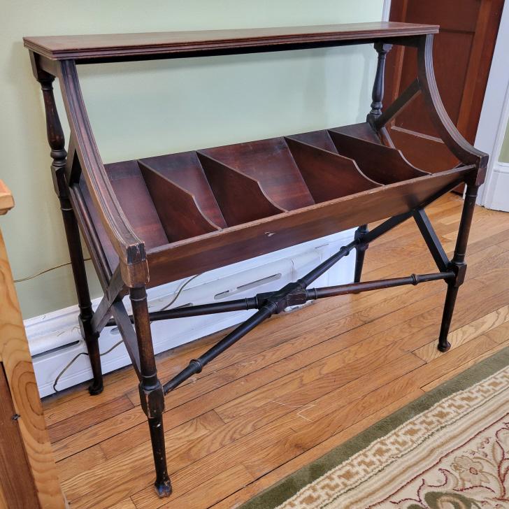 Chippendale Mahogany Divided Magazine Rack: Description: This lot includes a Chippendale style mahogany divided magazine rack. Rack appears antique in age. Condition: Rack has surface wear associated with age and use, otherwise in overall good 