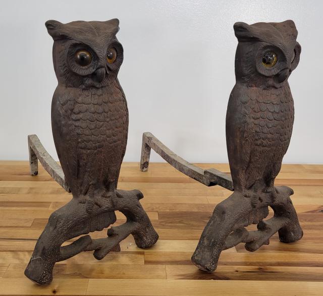 Howes, Boston Cast Iron Owl Andirons - Glass Eyes (1 of 9)
