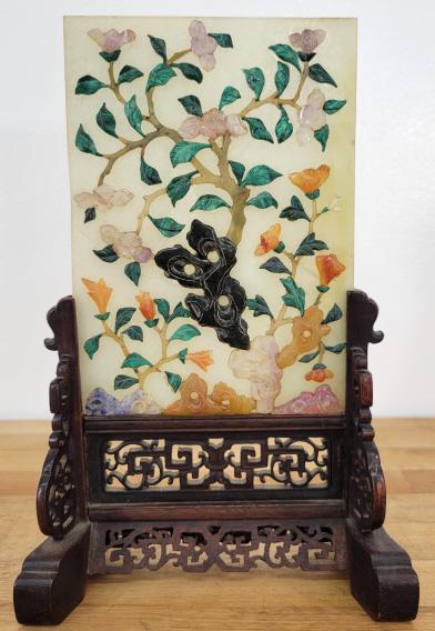 Antique Carved Jade Panel Table Screen in Stand (1 of 8)