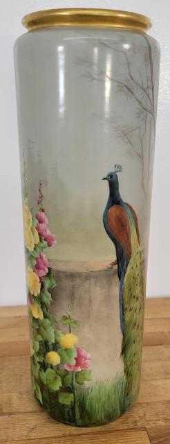 19th C American Belleek Willets Peacock & Flower Vase - 16.5"T (1 of 7)