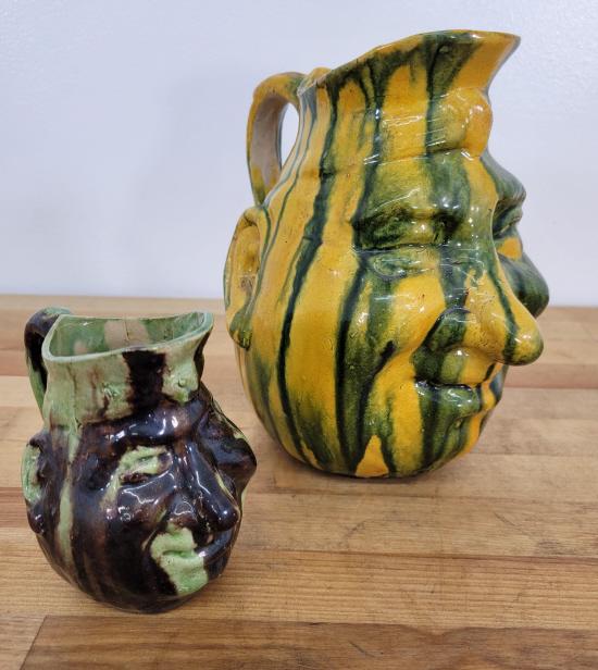 2pc Antique Ceramic Drip Ware Face Jugs