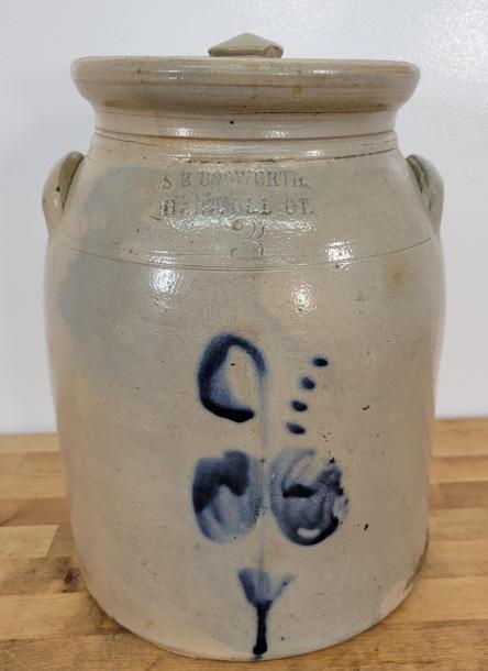 19th C. Stoneware Crock Blue Floral - SB Bosworth Hartford CT (1 of 10)