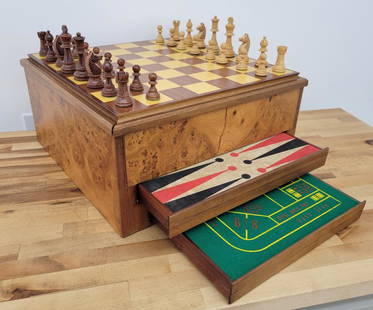 Vintage Briarwood Burl Cased Chess Game Box: Description: This lot includes a stunning game board made of Briarwood burl around the sides with a removeable top which doubles as the chess / checkers table. All of the chess pieces are made of carv