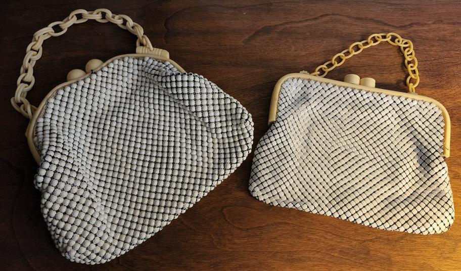 2pc 1950's Alumesh Pursed with Ivory Bakelite Handles: Description: This lot includes a pair of "Alumesh" ladies purses from the 1950's. Each has "Ivory" Bakelite handles and chains and are offered estate fresh! Condition: Minor expected surface wear asso