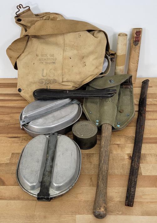 Grouping of Military Surplus & More: Description: This lot includes an assortment of military surplus items ranging from canteens to a shovel and a yard long photograph. You get everything you see in the photos. Conditions and ages of th
