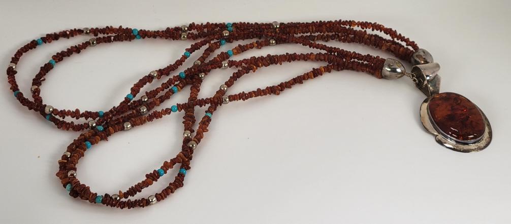 Sterling Silver, Amber & Turquoise Beaded Necklace (1 of 6)
