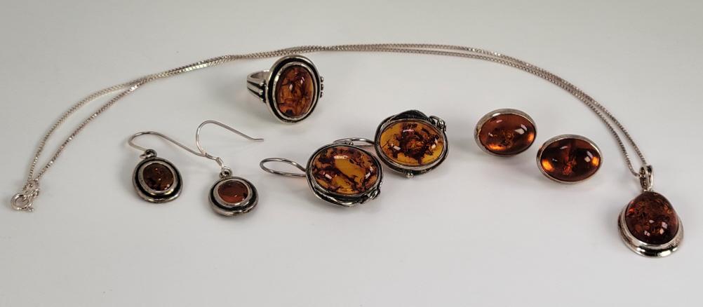 Grouping of Sterling Silver & Amber Jewelry (1 of 13)