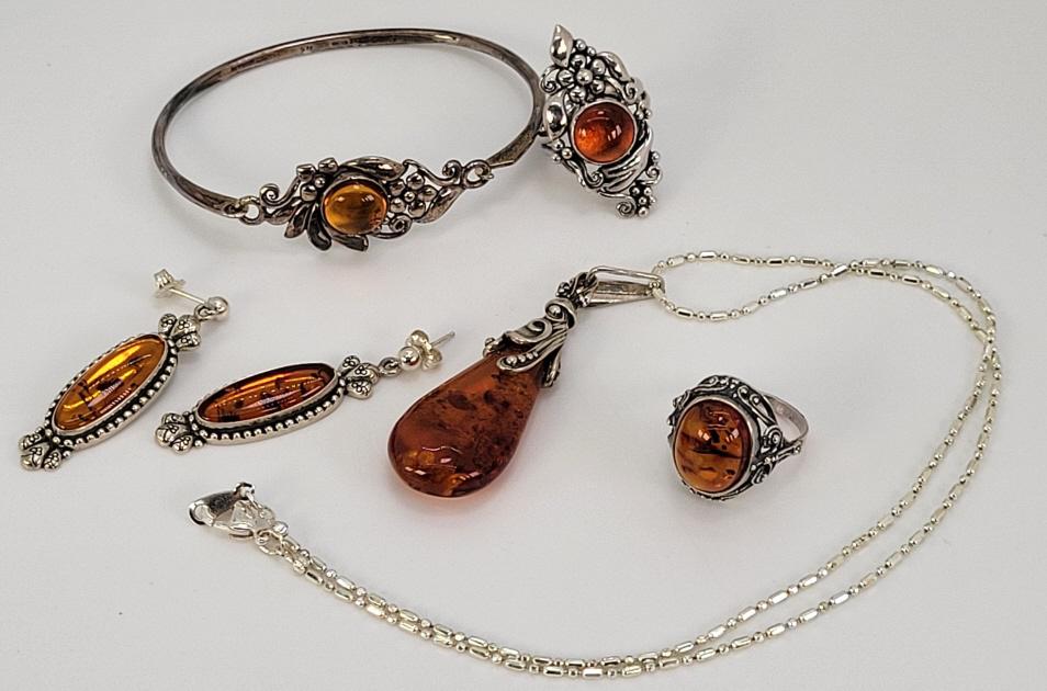 Estate Grouping of Sterling Silver & Amber Jewelry - #2 (1 of 9)