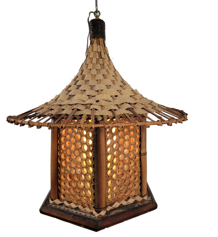 Mid-Century Bamboo & Whicker Hanging Lamp: Description: This lot includes a wonderful and unique hanging light from the mid-20th century. The lamp is made of whicker and bamboo with a fabric shade in the center. Unmarked but of very good quali