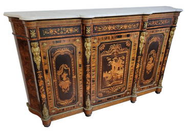 Monumental Napoleon III Marquetry Marble Top Buffet