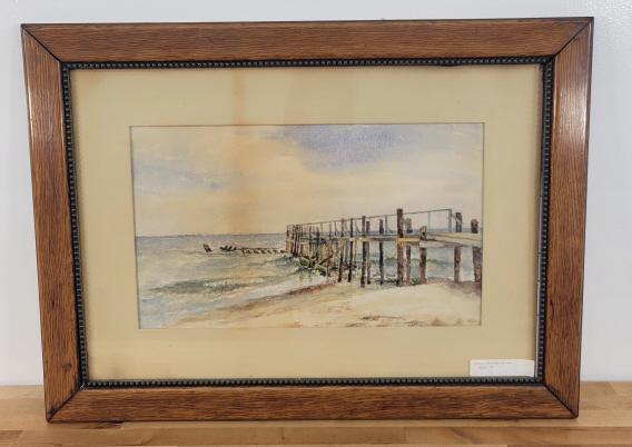Antique Watercolor of Beach Scene w/ Dock (1 of 7)
