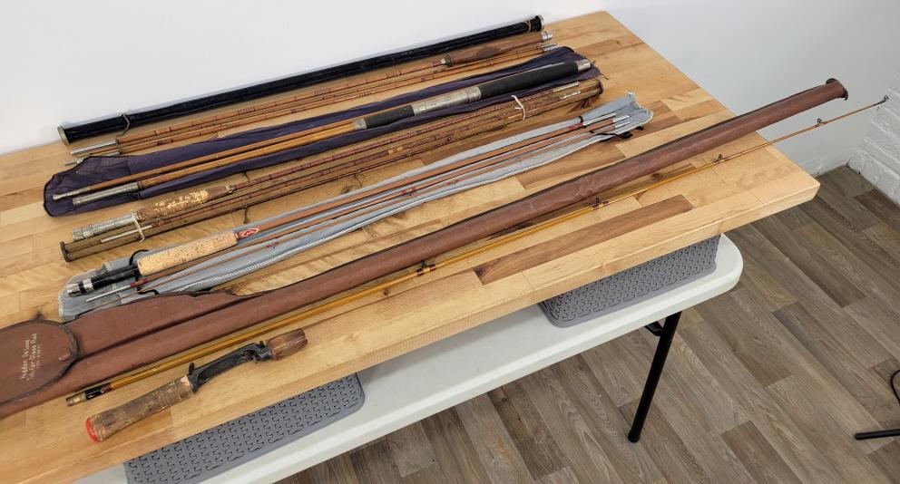 Estate Lot of Antique / Vintage Bamboo Fishing Poles - Lot #9: Description: This lot includes a small grouping of antique and vintage bamboo fishing poles taken directly out of a larger estate collection. Many of these poles are signed and marked, see photos for 